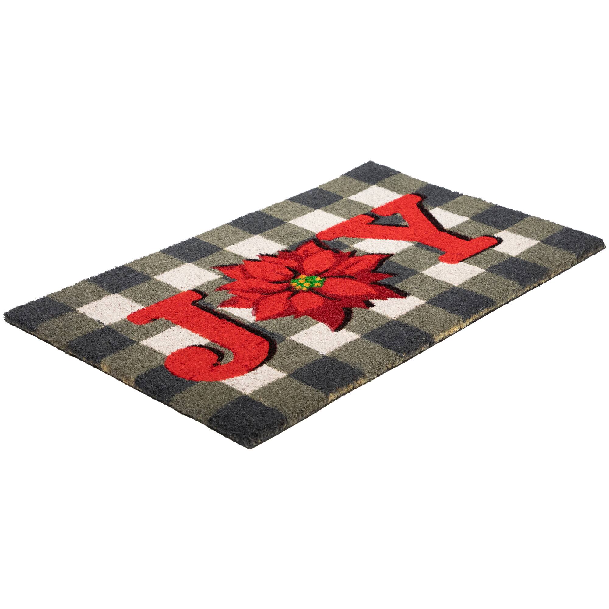 Gray and Red Poinsettia "Joy" Christmas Natural Coir Outdoor Doormat 18" x 30"
